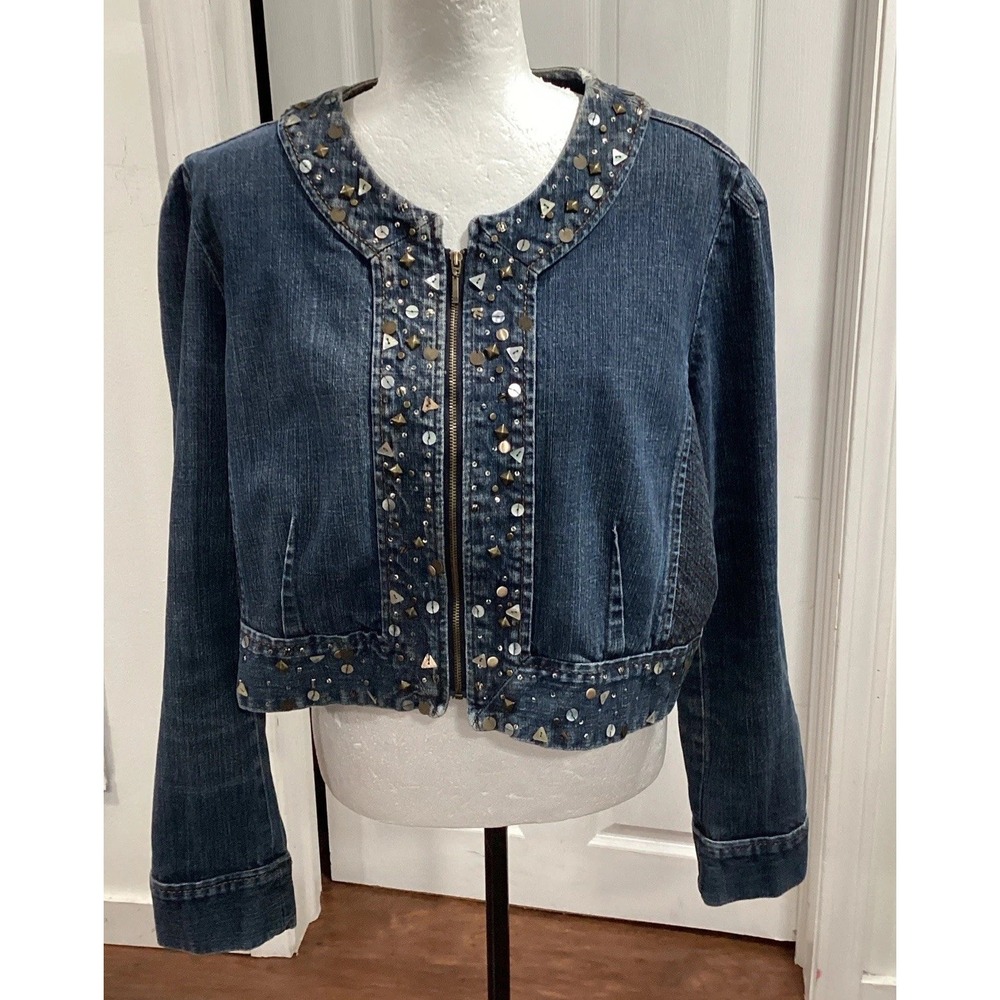 Vntg Marc Bouwer QVC Womens Crop Beaded Jean Zip Up Jacket Long Sleeve